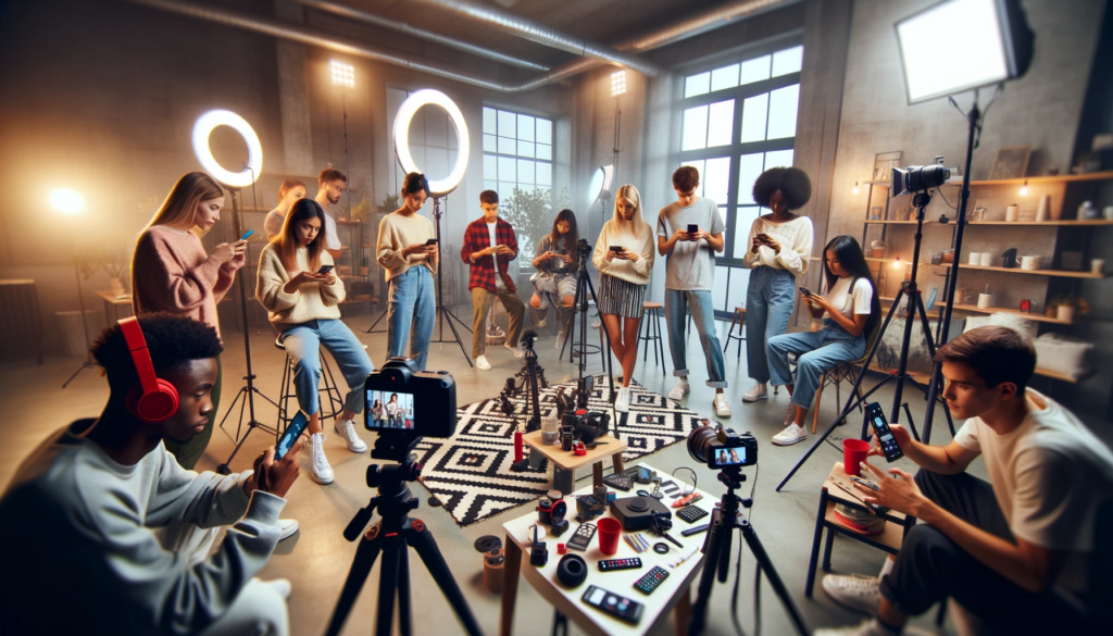 DALL·E 2023 12 17 21.49.54 A diverse group of young people using smartphones and cameras to create content for TikTok. They are in a modern brightly lit studio with various fil