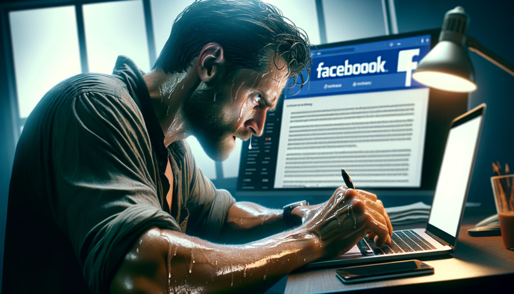 DALL·E 2023 12 18 19.16.46 An intense scene depicting a writer deeply engrossed in writing with visible sweat on his forehead symbolizing hard work and dedication. The writer