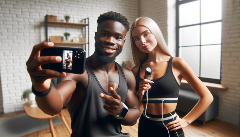 DALL·E 2023 12 19 16.39.52 A wide format image showing two influencers a Black man taking a selfie while presenting a product and a blonde woman demonstrating another product