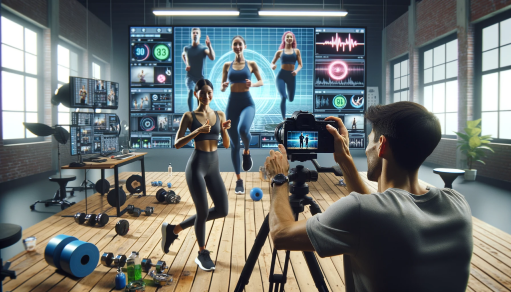 DALL·E 2023 12 19 16.50.49 A wide format image featuring two influencers a man and a woman filming themselves in a User Generated Content UGC style with a fitness theme. The
