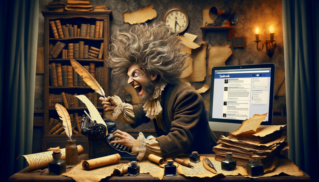 DALL·E 2023 12 19 19.31.12 A whimsical scene of an eccentric writer with wild unkempt hair resembling a mad scientist passionately writing on ancient parchments in a vintag