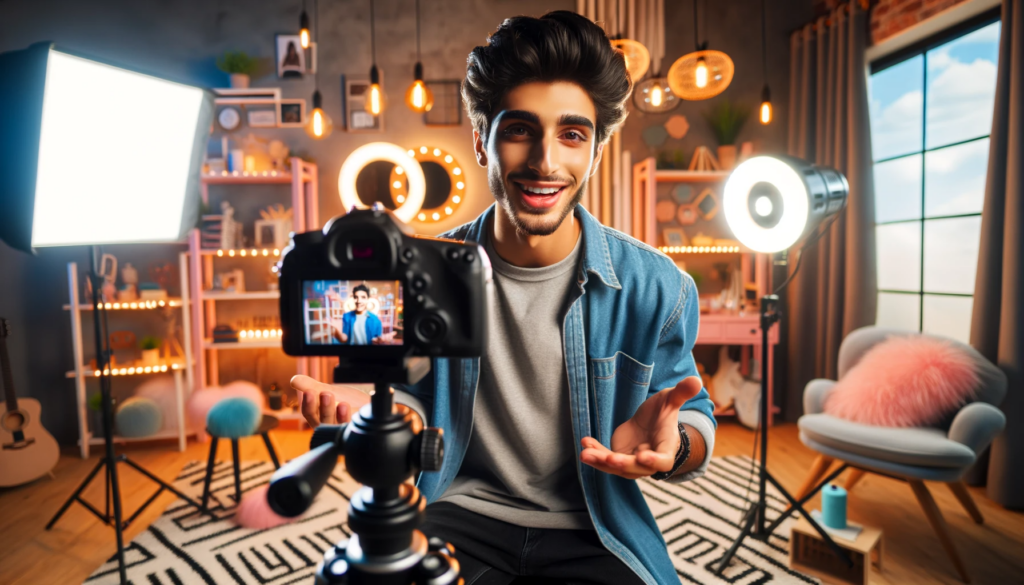 DALL·E 2023 12 21 08.52.15 A young adult content creator of Middle Eastern descent filming a TikTok video in a modern stylish home studio. The scene shows them actively engag