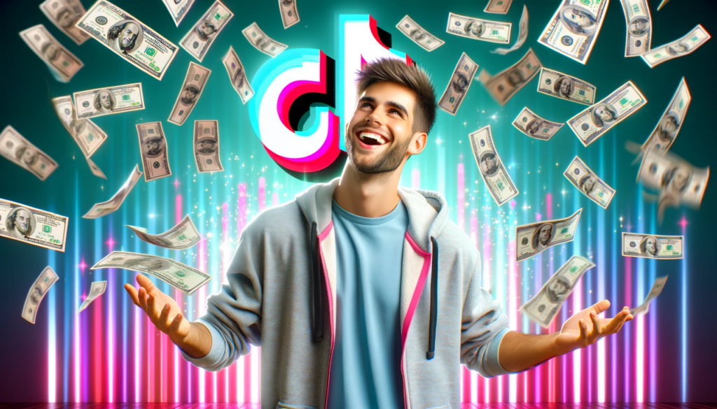 DALL·E 2023 12 21 09.02.19 A young man in his twenties with a joyful expression standing under a shower of money symbolizing his success on TikTok. The background prominently