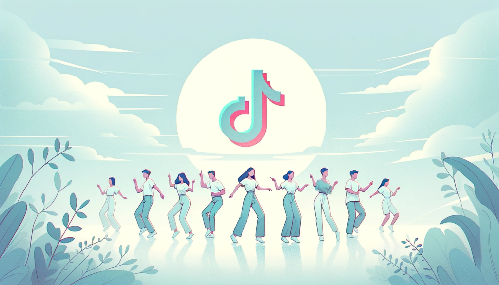 DALL·E 2023 12 21 09.14.31 An illustration in a minimalist style representing TikTok featuring young people performing trendy dances. The background is a soft pastel color pal
