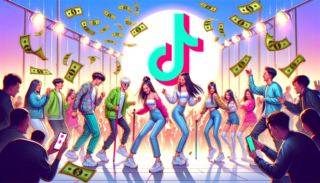 DALL·E 2023 12 21 17.46.52 Create an illustration featuring a group of young trendy individuals engaged in popular TikTok dances with a clear and accurate depiction of the Tik