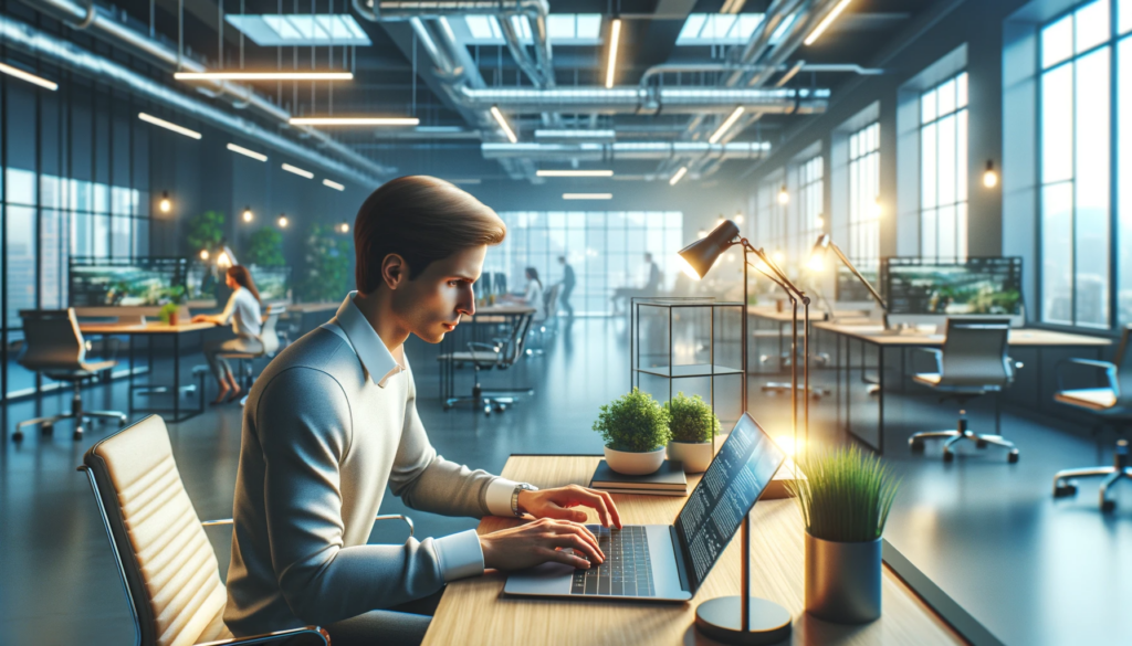 DALL·E 2023 12 22 02.24.56 A highly realistic image in 16 9 format depicting a content creator in a bright modern office space working on a laptop with focus and determinatio
